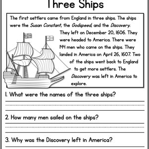 Jamestown Settlement Reading Comprehension Passages K-2 Homeschool ...