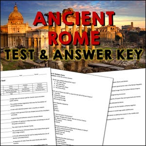 May include: A printable Ancient Rome test and answer key with a picture of the Roman Forum in the background. The test includes multiple choice questions and matching.