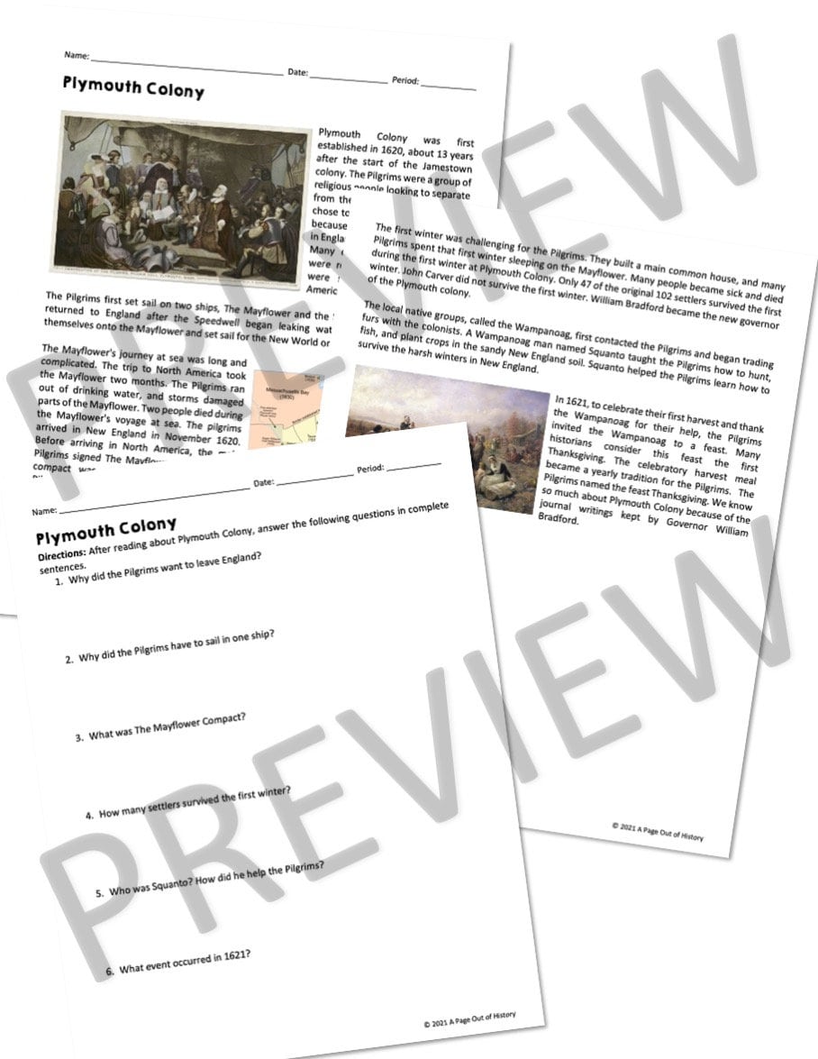 Plymouth Colony Reading Comprehension Worksheet, US History Passages ...