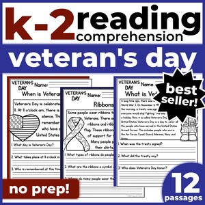 1st 2nd Grade Reading Comprehension | Veterans Day Passages & Questions | Classroom, Homeschool | No Prep Printable | Standards-Aligned