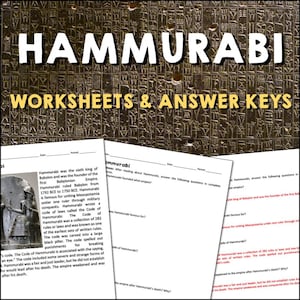以下が含まれることがあります： 「ハムラビ ワークシート＆解答キー」というタイトルの白黒のワークシート。ワークシートには、バビロンの6番目の王であるハムラビと、彼の有名な法典に関するテキストが含まれています。