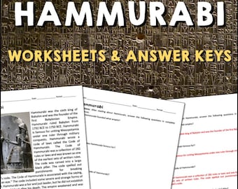 Może przedstawiać: Czarno-białe arkusze pracy z tytułem "Hammurabi Worksheets & Answer Keys". Arkusze pracy zawierają tekst o Hammurabim, szóstym królu Babilonu, i jego słynnym kodeksie praw.