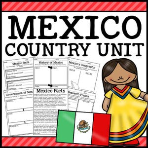 May include: A printable educational resource for learning about Mexico. The resource includes worksheets with sections for Mexico Facts, History of Mexico, Mexico's Geography, Government of Mexico, and a Research Project. The worksheets feature a cartoon illustration of a girl wearing a traditional Mexican dress and the Mexican flag.