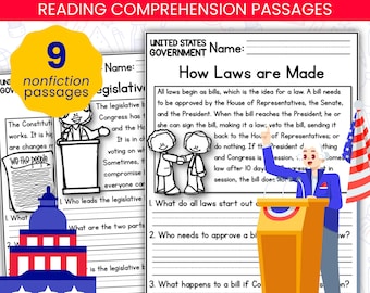U.S Government Reading Comprehension, Branches of Government Activities, Constitution & Bill of Rights Worksheets for Kids Civics