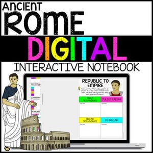 Può includere: Un quaderno digitale interattivo sull'antica Roma, intitolato "Ancient Rome Digital Interactive Notebook". L'immagine include illustrazioni di figure romane, il Colosseo e uno schermo di laptop che mostra informazioni dalla Repubblica all'Impero.