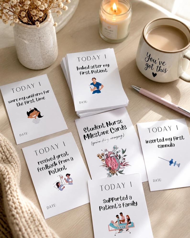 Peut inclure: Cartes &eacute;tapes pour infirmi&egrave;res &eacute;tudiantes blanches avec illustrations et texte, dont "Aujourd'hui, j'ai pris soin de mon premier patient". Une tasse avec "You've got this" est &agrave; c&ocirc;t&eacute; d'une bougie allum&eacute;e et d'un stylo.