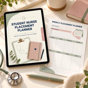 May include: A tablet displaying a Student Nurse Placement Planner cover with a stethoscope, a pen, and a printed weekly placement planner sheet. The digital cover features a clipboard, a small notebook, and the text Student Nurse Placement Planner.