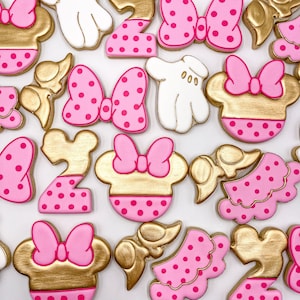 Minnie Mouse Pink and Gold Cookies, One Dozen Cookies, Custom Minnie Mouse Pink and Gold Cookies, Minnie Gold Cookies, Minnie Bows Cookies