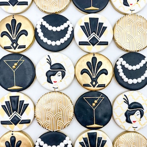 Gatsby Theme Cookies, Gatsby Decorated Cookies, Custom Black and Gold Cookies, Gatsby Birthday cookies, Great Gatsby Theme Cookies,