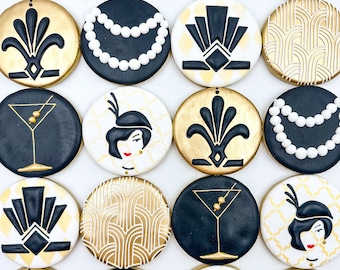Gatsby Theme Cookies, Gatsby Decorated Cookies, Custom Black and Gold Cookies, Gatsby Birthday cookies, Great Gatsby Theme Cookies,