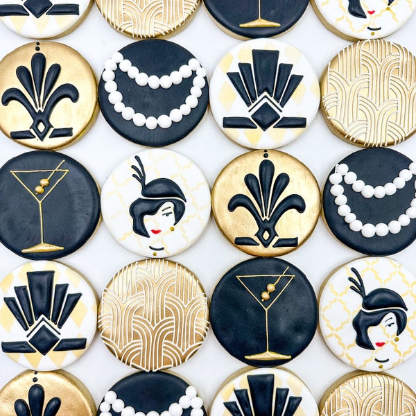Galletas temáticas de Gatsby, galletas decoradas con Gatsby, galletas personalizadas en negro y oro, galletas de cumpleaños de Gatsby, galletas temáticas de Great Gatsby,