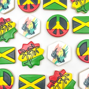 Reggae Cookies, One Dozen Cookies, Custom Rastafari Cookies, Jamaican Birthday Cookies, Royalicing Cookies, Peace and Love Theme Cookies.
