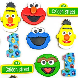 Sesame Street Cookies, One Dozen Cookies, Custom Elmo Cookies, Birthday cookies, Royalicing Cookies, Cookie Monster Cookies, Bert Cookies.