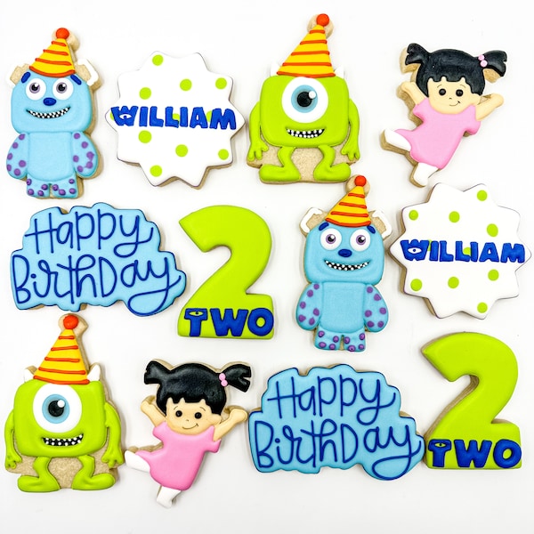 Monsters Inc sugar cookies, one dozen cookies, Custom Monsters Inc cookies, Birthday cookies, royal icing cookies