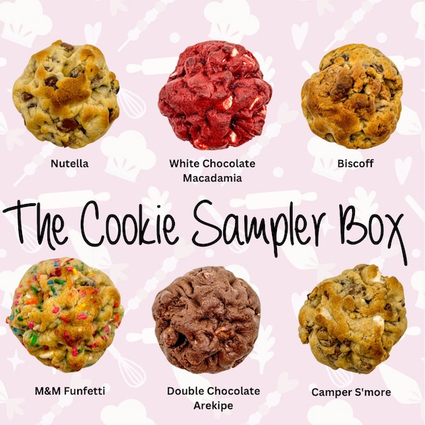 The Cookie Sampler Box, Petite Cookies, NY Style cookies, Stuffed Cookies, Ooey Gooey Cookies, Mini NY Style Cookies, Mini Stuffed Cookies.