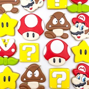 One dozen of Mario Bros cookies, Mario Bros birthday, Mario bros birthday cookies, Mario bros party, Mario bros cookies, sugar cookies.