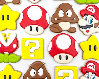 Une douzaine de biscuits Mario Bros, anniversaire Mario Bros, biscuits d'anniversaire Mario Bros, fête Mario Bros, biscuits Mario bros, biscuits au sucre.