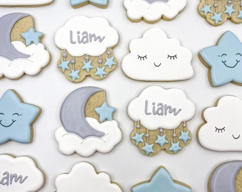 Moon, Clouds and Stars Cookies, One Dozen Cookies, Custom Moon, Clouds and Stars Cookies, Royalicing Cookies, Moon and Stars Cookie Ideas