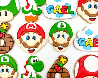 Biscuits Mario et Luigi, biscuits une douzaine, biscuits Mario et Luigi personnalisés, biscuits Mario Bros, Luigi Bros, biscuits d'anniversaire Mario et Luigi