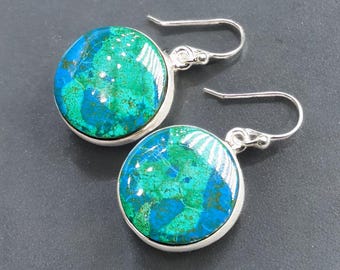 Chrysocolla Malachite Sterling Silver Earrings: Elegant Round Drop Jewelry