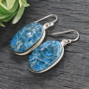 Natural Apatite Earrings in 925 Sterling Silver | Blue Gemstone Drop Earrings | Handmade Statement Jewelry | Gift for Her
