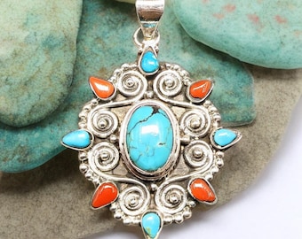 Turquoise & Red Coral Sterling Silver Pendant: Tribal Boho Necklace