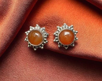 Karneol Ohrstecker, Runde 925 Sterling Silber, Minimalist Edelstein Ohrringe, jeden Tag Schmuck Geschenk