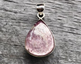 Lepidolite Pear Pendant: 925 Sterling Silver, Natural Purple Crystal