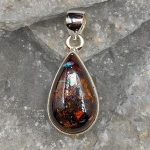 Natural Boulder Opal Pendant – 925 Sterling Silver Pear-Shaped Necklace – Australian Opal Jewelry – Unique Handmade Gift