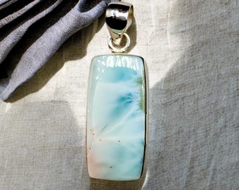 Pendentif larimar : collier rectangle en argent sterling, pierre précieuse des Caraïbes