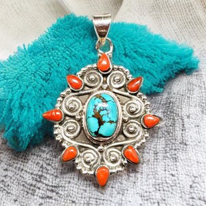 Turquoise & Red Coral Pendant | Tribal Boho Silver Pendant | Handmade Ethnic Necklace Charm | Statement Jewelry for Women
