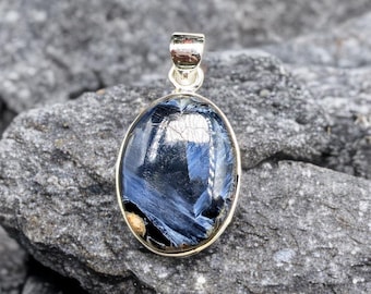 Sterling Silver Oval Pietersite Pendant Necklace: Stormy Blue Gemstone