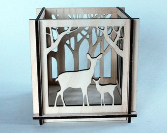 Deer in the woods tealight holder laser cut wooden ornament nightlight