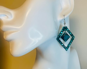 Open Diamond Dangle Earrings in Emerald with a  Square Emerald Pendant