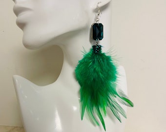 Green Rooster Feather and Swarovski Emerald Rhinestone Earrings