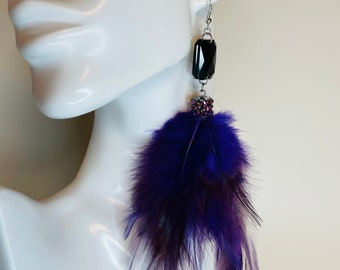 Dark Purple Rooster Feather and Jet Swarovski Rhinestone Earrings