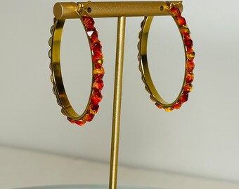 Small Gold Oval Fire Opal Rhinestone Hoops