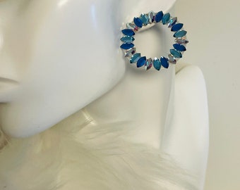 Open Circle Turquoise, Sapphire, and Crystal AB Rhinestone Earrings