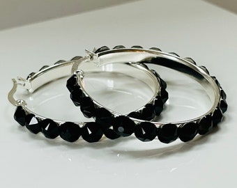 Small Silver Round Hoops with Swarovski Jet (Pure Black) Rhinestones