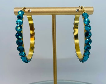 Medium Gold-Tone Hoops with Blue Zircon Rhinestones