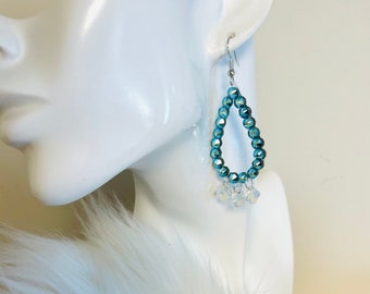 Sparkling Swarovski Blue Zircon AB and Crystal AB Rhinestone Drop Earrings