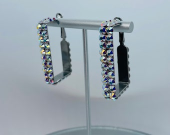 Medium Silver-Tone “Rectangle” Hoops with Crystal AB Rhinestones