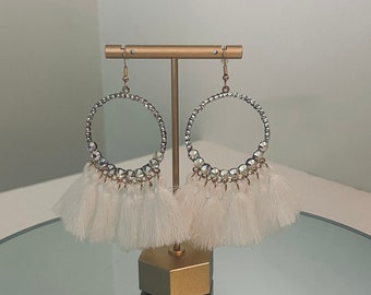 Large White Round Fringe Earrings with Crystal AB Rhinestones