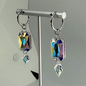Crystal AB Rhinestone Dangle Earrings on Small Silver Hoops