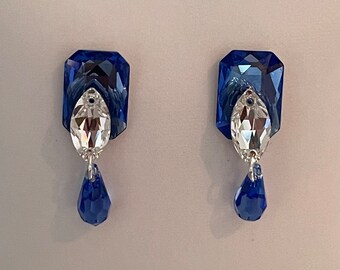 Sapphire Rhinestone Emerald-shaped Earrings with a Briolette Pendant