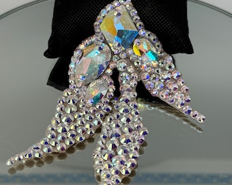 May include: A pair of crystal rhinestone embellishments in the shape of feathers. The rhinestones are iridescent and sparkle in the light.