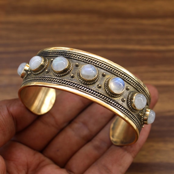 Moonstone Cuff Bangle Ethnic Style Jewelry Boho Jewelry Hippie Jewelry Natural Gemstone Moonstone Brass Bracelet Handmade Wedding Bracelet