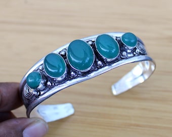 Pulsera ajustable de ónix verde bañada en plata, brazalete con piedras preciosas, joyería hecha a mano, brazalete para mujer, regalo de boda, brazalete de latón, pulsera de diseñador