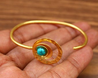 Simple Turquoise Gold Plated Brass Cuff Bracelet For Girls Or Womens Gemstone Handmade Bangle Wedding Jewelry Gift For Her Designer Bangles