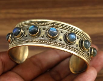 Labradorite Brass Cuff Bangle Bracelet Boho Cuff With Gemstone Statement Jewelry  Boho Brass Bracelet Handmade  Jewelry Unisex Cuff Bracelet
